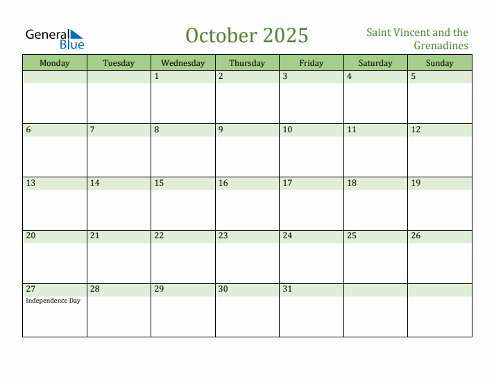 October 2025 Calendar with Saint Vincent and the Grenadines Holidays