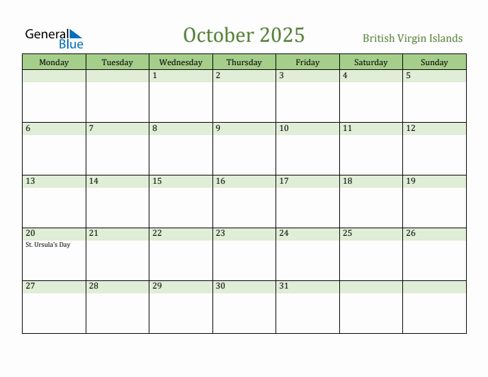 October 2025 Calendar with British Virgin Islands Holidays
