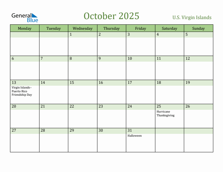 October 2025 Calendar with U.S. Virgin Islands Holidays