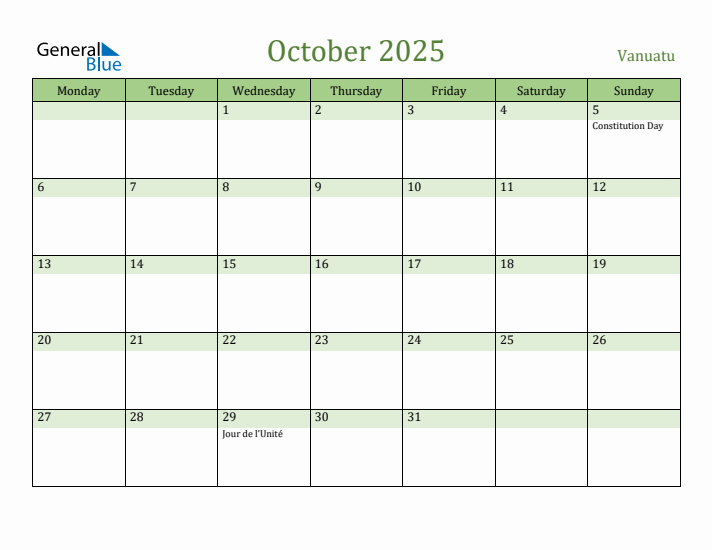October 2025 Calendar with Vanuatu Holidays