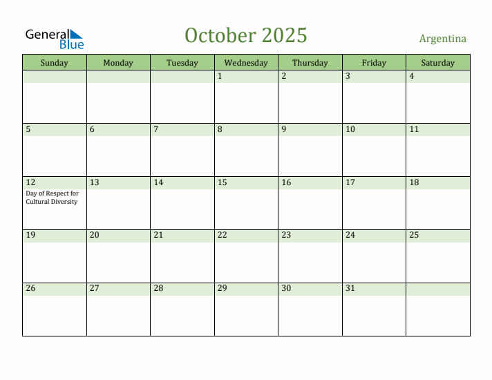 October 2025 Calendar with Argentina Holidays