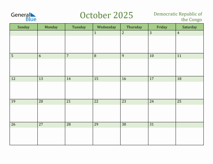 October 2025 Calendar with Democratic Republic of the Congo Holidays