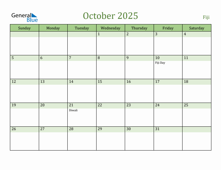 October 2025 Calendar with Fiji Holidays