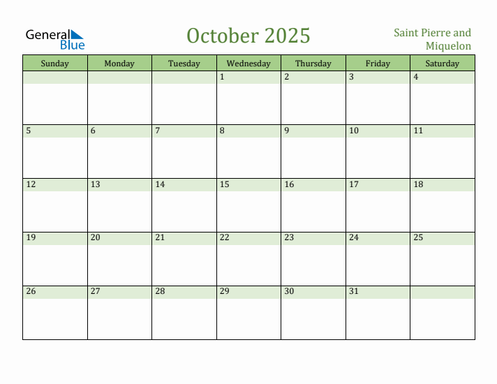 October 2025 Calendar with Saint Pierre and Miquelon Holidays