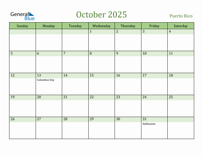 October 2025 Calendar with Puerto Rico Holidays