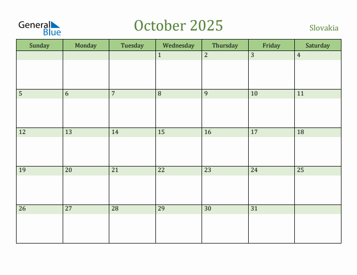 October 2025 Calendar with Slovakia Holidays