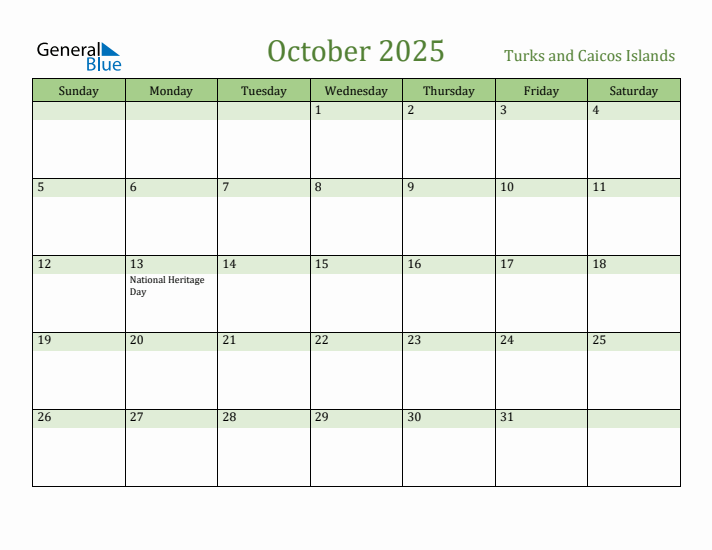 October 2025 Calendar with Turks and Caicos Islands Holidays