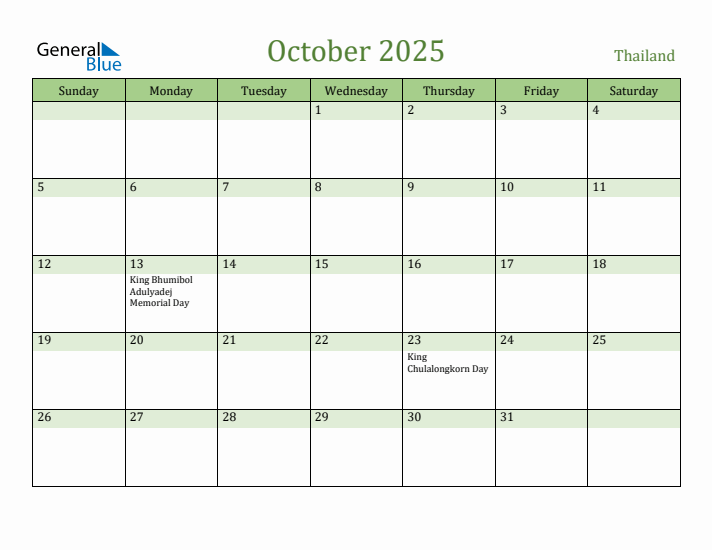 October 2025 Calendar with Thailand Holidays