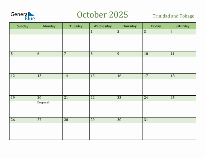 October 2025 Calendar with Trinidad and Tobago Holidays