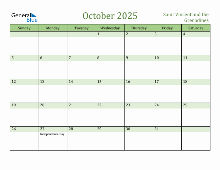 October 2025 Calendar with Saint Vincent and the Grenadines Holidays