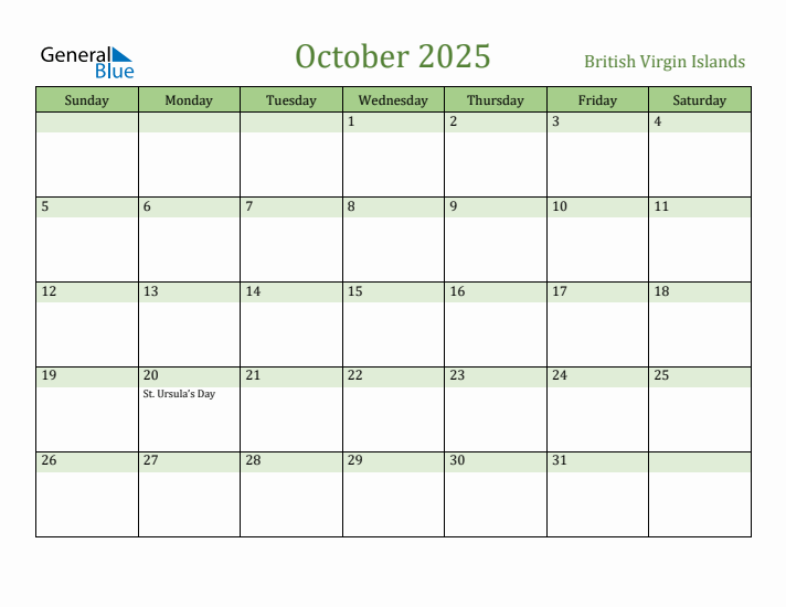 October 2025 Calendar with British Virgin Islands Holidays