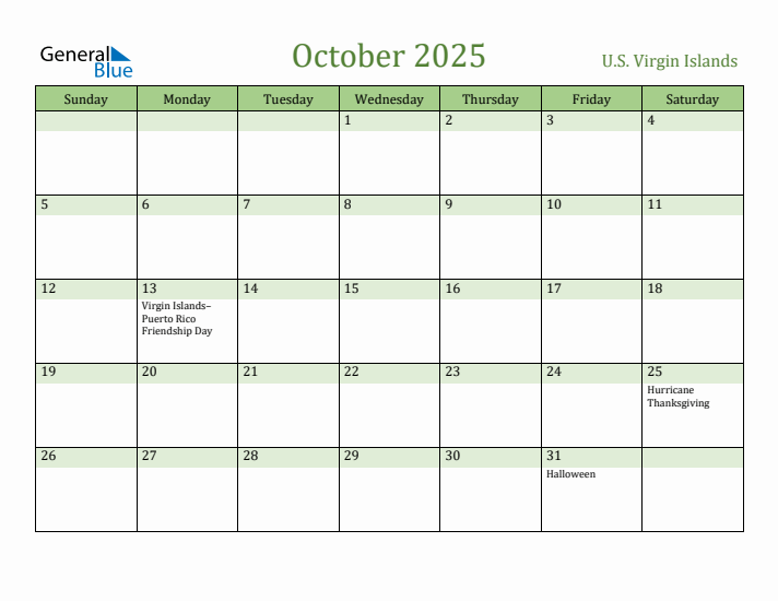 October 2025 Calendar with U.S. Virgin Islands Holidays