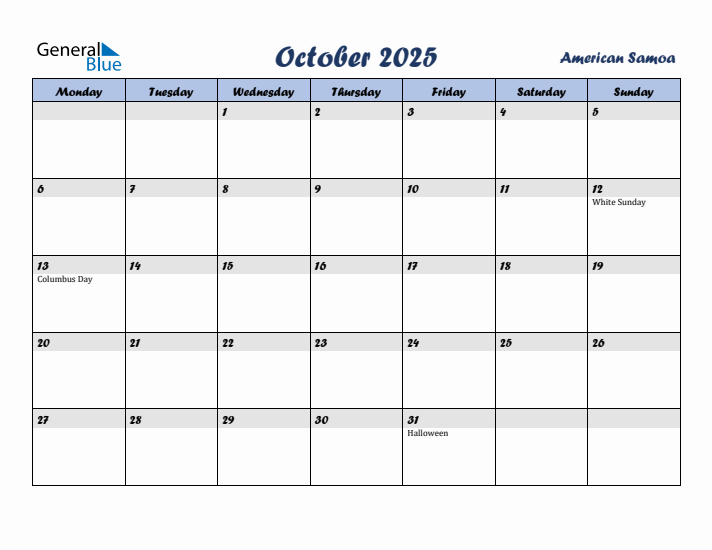 October 2025 Calendar with Holidays in American Samoa