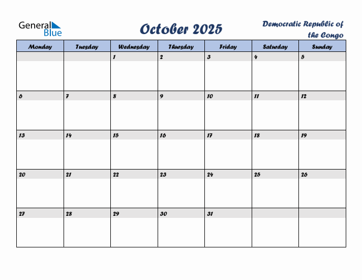 October 2025 Calendar with Holidays in Democratic Republic of the Congo