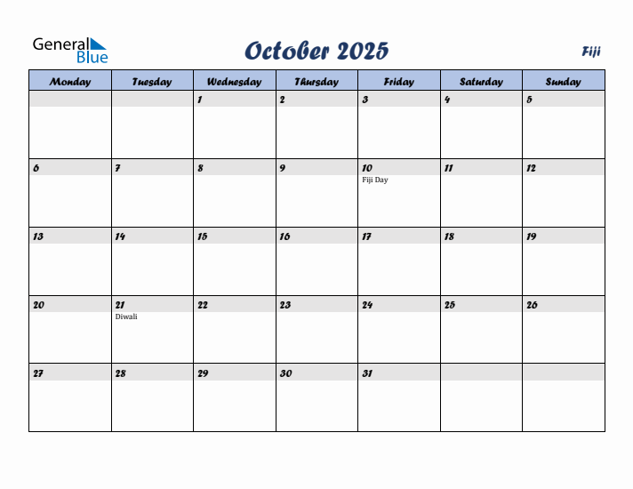 October 2025 Calendar with Holidays in Fiji