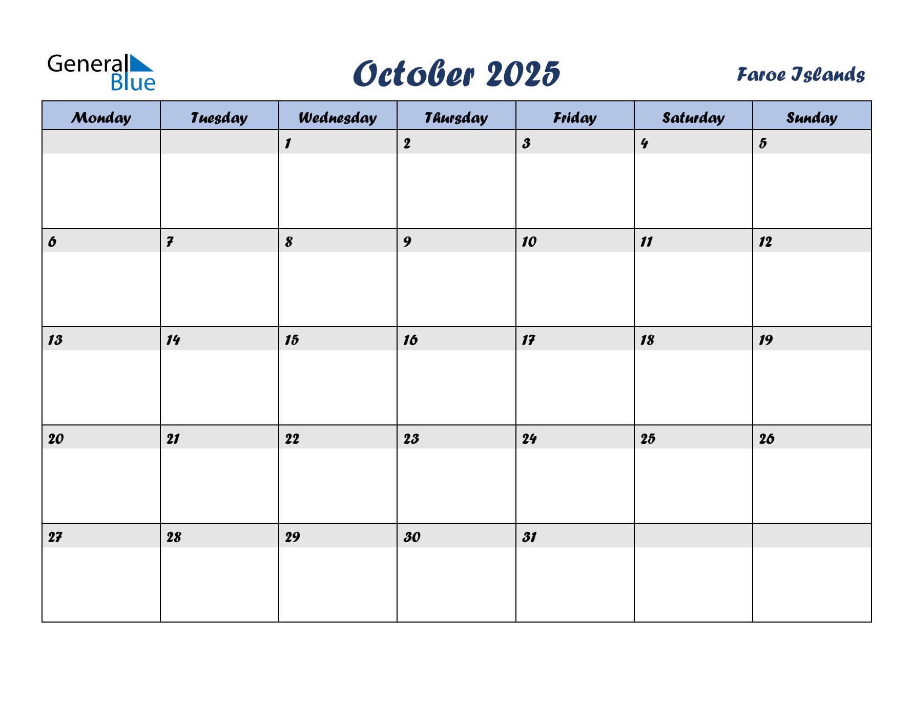 October 2025 Calendar with Holidays in Faroe Islands