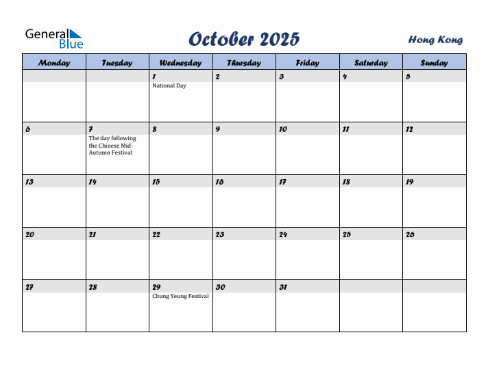 October 2025 Calendar with Holidays in Hong Kong