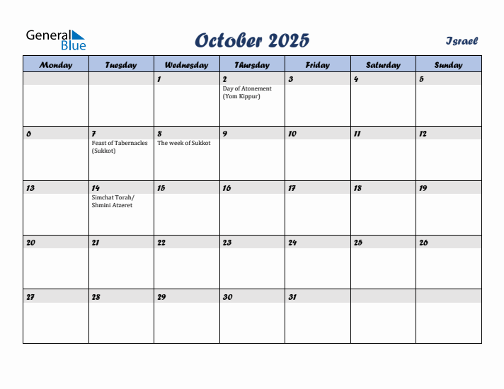 October 2025 Calendar with Holidays in Israel