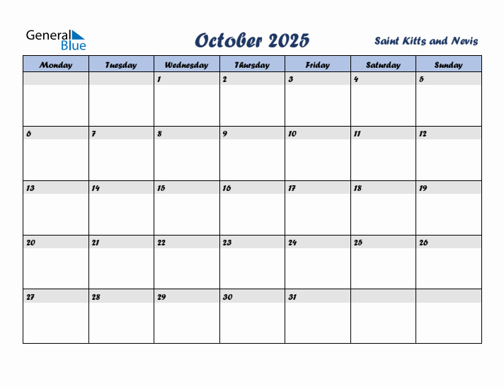 October 2025 Calendar with Holidays in Saint Kitts and Nevis