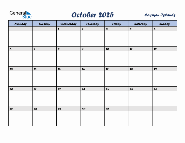 October 2025 Calendar with Holidays in Cayman Islands