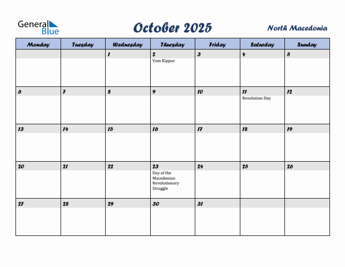 October 2025 Calendar with Holidays in North Macedonia