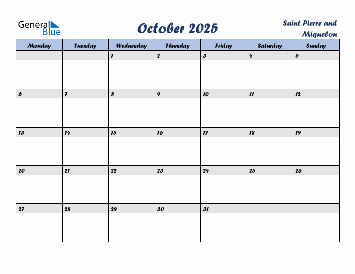 October 2025 Calendar with Holidays in Saint Pierre and Miquelon