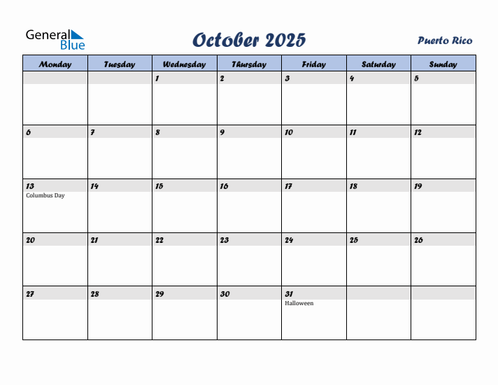 October 2025 Calendar with Holidays in Puerto Rico