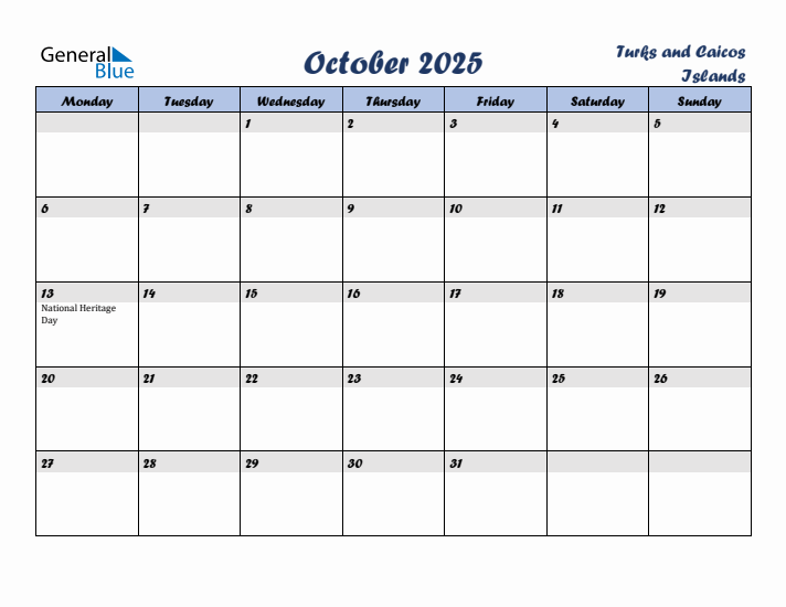 October 2025 Calendar with Holidays in Turks and Caicos Islands