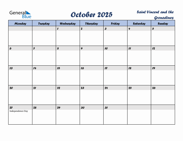 October 2025 Calendar with Holidays in Saint Vincent and the Grenadines