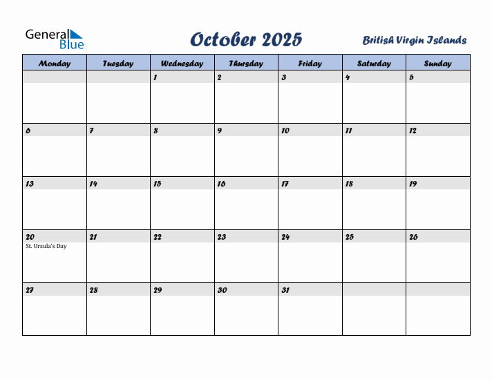 October 2025 Calendar with Holidays in British Virgin Islands