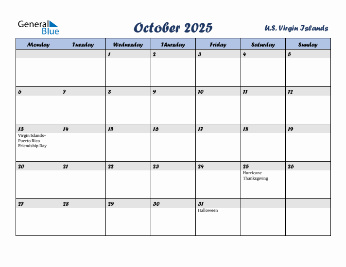 October 2025 Calendar with Holidays in U.S. Virgin Islands