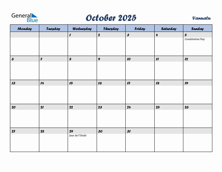 October 2025 Calendar with Holidays in Vanuatu