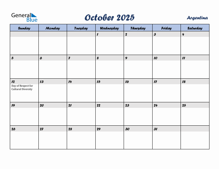 October 2025 Calendar with Holidays in Argentina