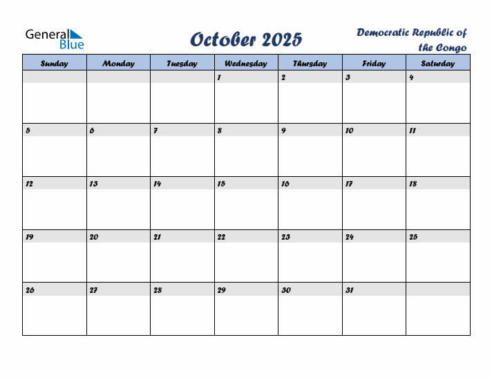 October 2025 Calendar with Holidays in Democratic Republic of the Congo