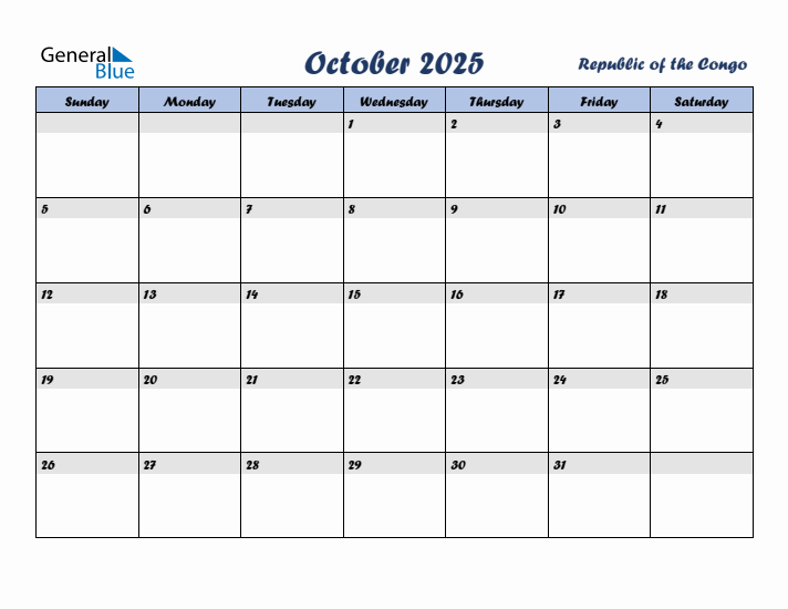 October 2025 Calendar with Holidays in Republic of the Congo