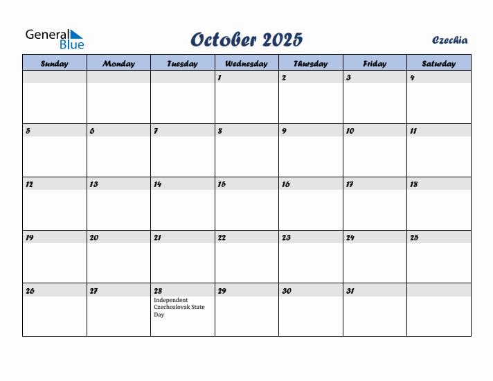 October 2025 Calendar with Holidays in Czechia