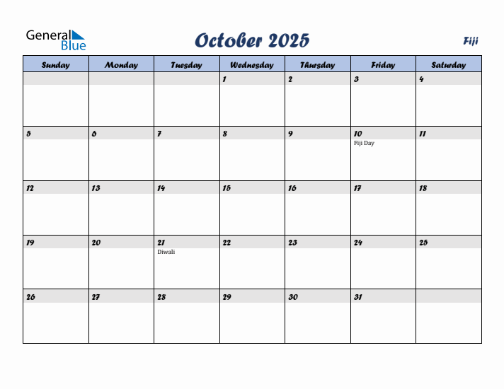October 2025 Calendar with Holidays in Fiji