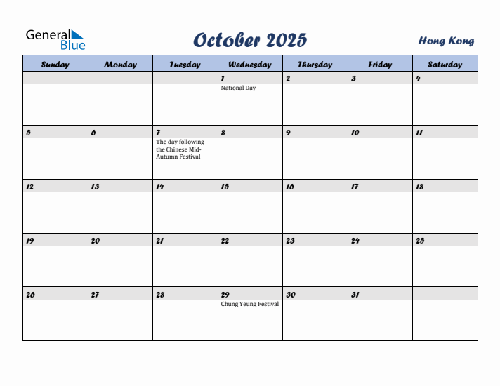 October 2025 Calendar with Holidays in Hong Kong