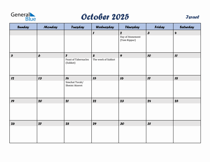 October 2025 Calendar with Holidays in Israel