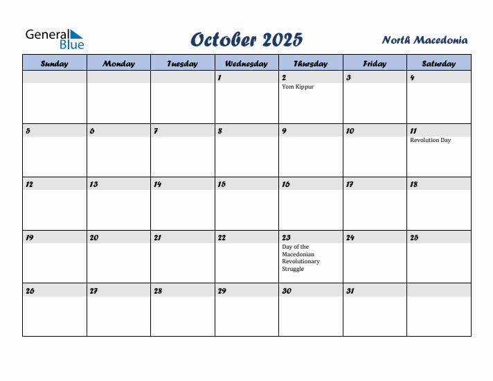 October 2025 Calendar with Holidays in North Macedonia