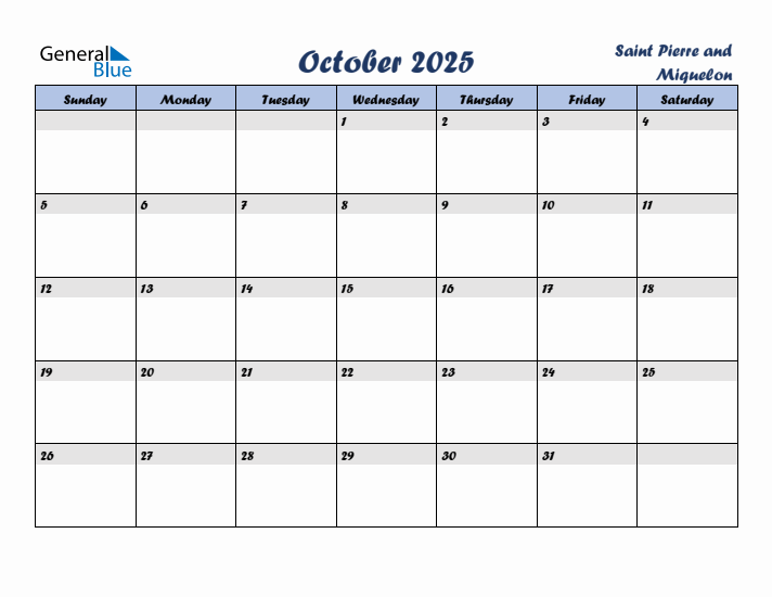 October 2025 Calendar with Holidays in Saint Pierre and Miquelon