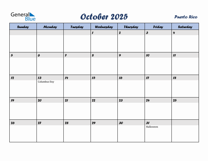 October 2025 Calendar with Holidays in Puerto Rico