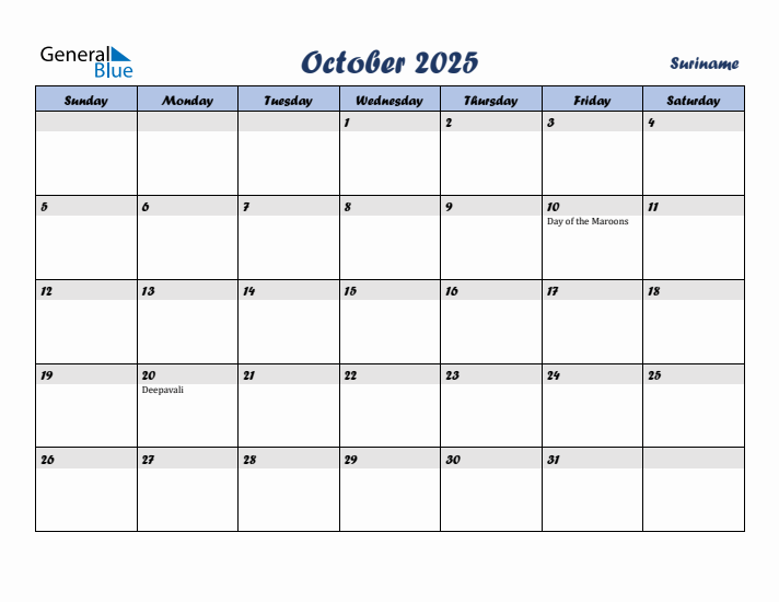 October 2025 Calendar with Holidays in Suriname