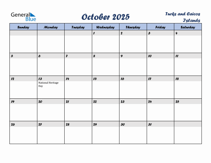 October 2025 Calendar with Holidays in Turks and Caicos Islands