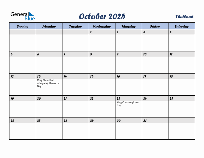 October 2025 Calendar with Holidays in Thailand