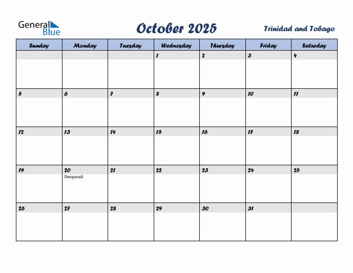 October 2025 Calendar with Holidays in Trinidad and Tobago