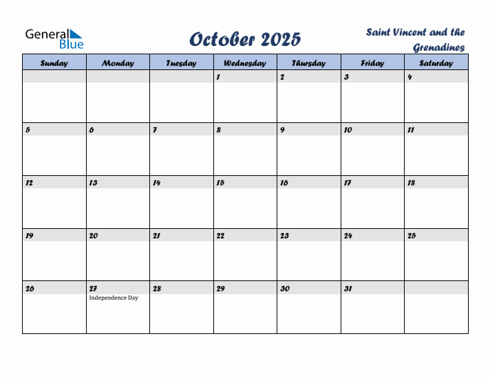 October 2025 Calendar with Holidays in Saint Vincent and the Grenadines