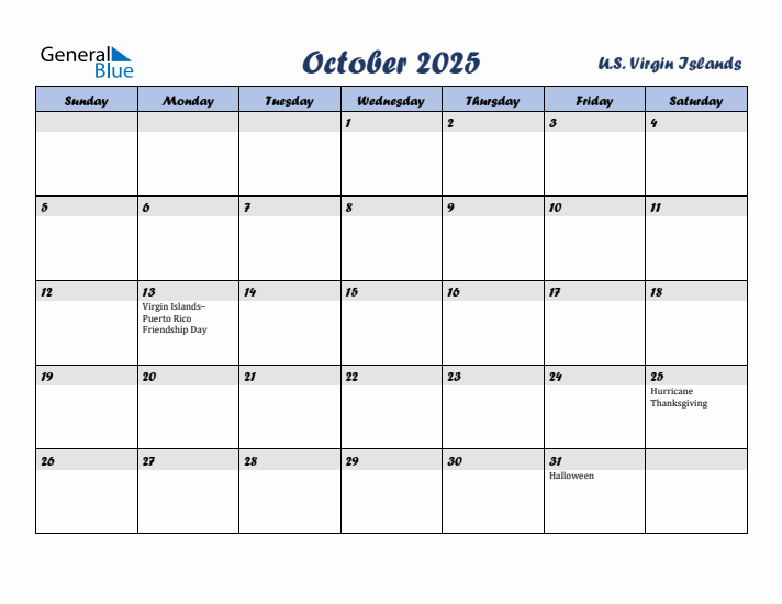 October 2025 Calendar with Holidays in U.S. Virgin Islands