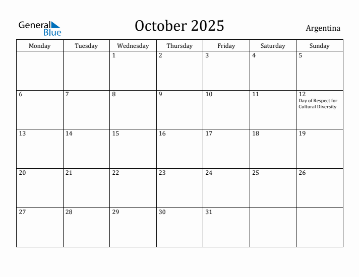 October 2025 Calendar Argentina