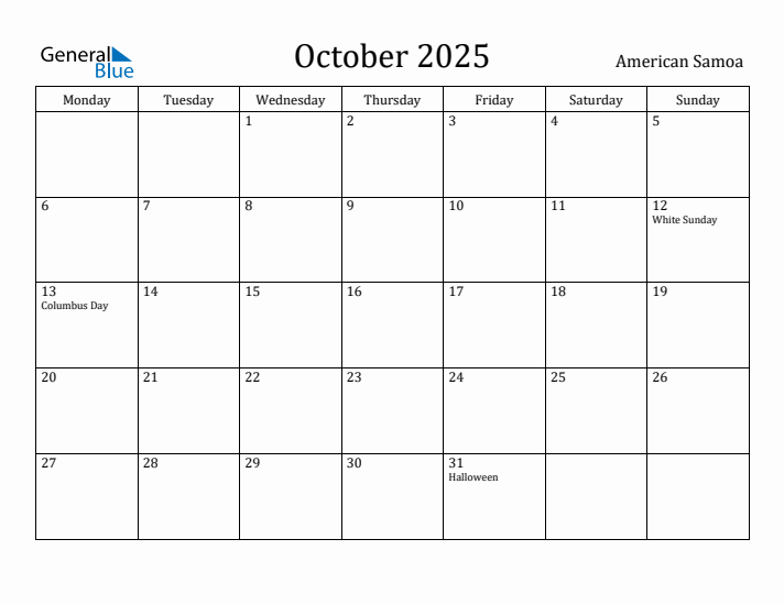 October 2025 Calendar American Samoa